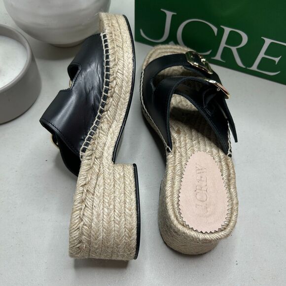 J. Crew Block-Heel Espadrille Sandals Leather Raffia Slip-on Black Women's 9 NWB - Picture 6 of 12